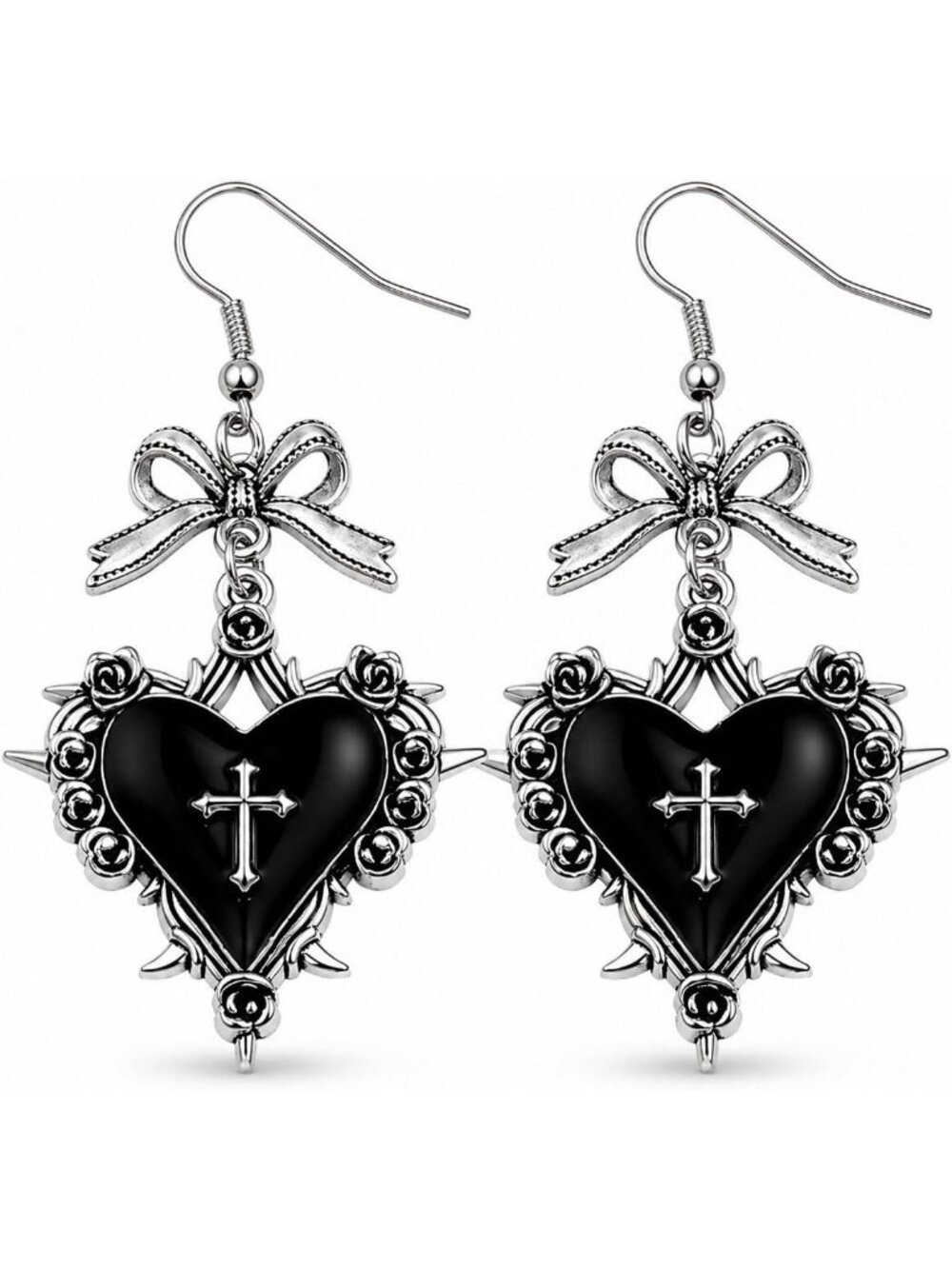 Women's Black Silver Punk Gothic Heart Dark Romantic Dangle Drop Earrings